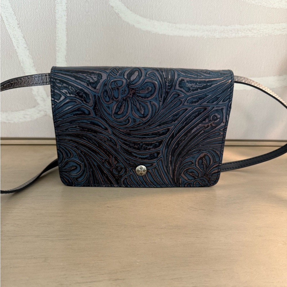 Patricia Nash Blue Floral leather Embossed crossbody purse